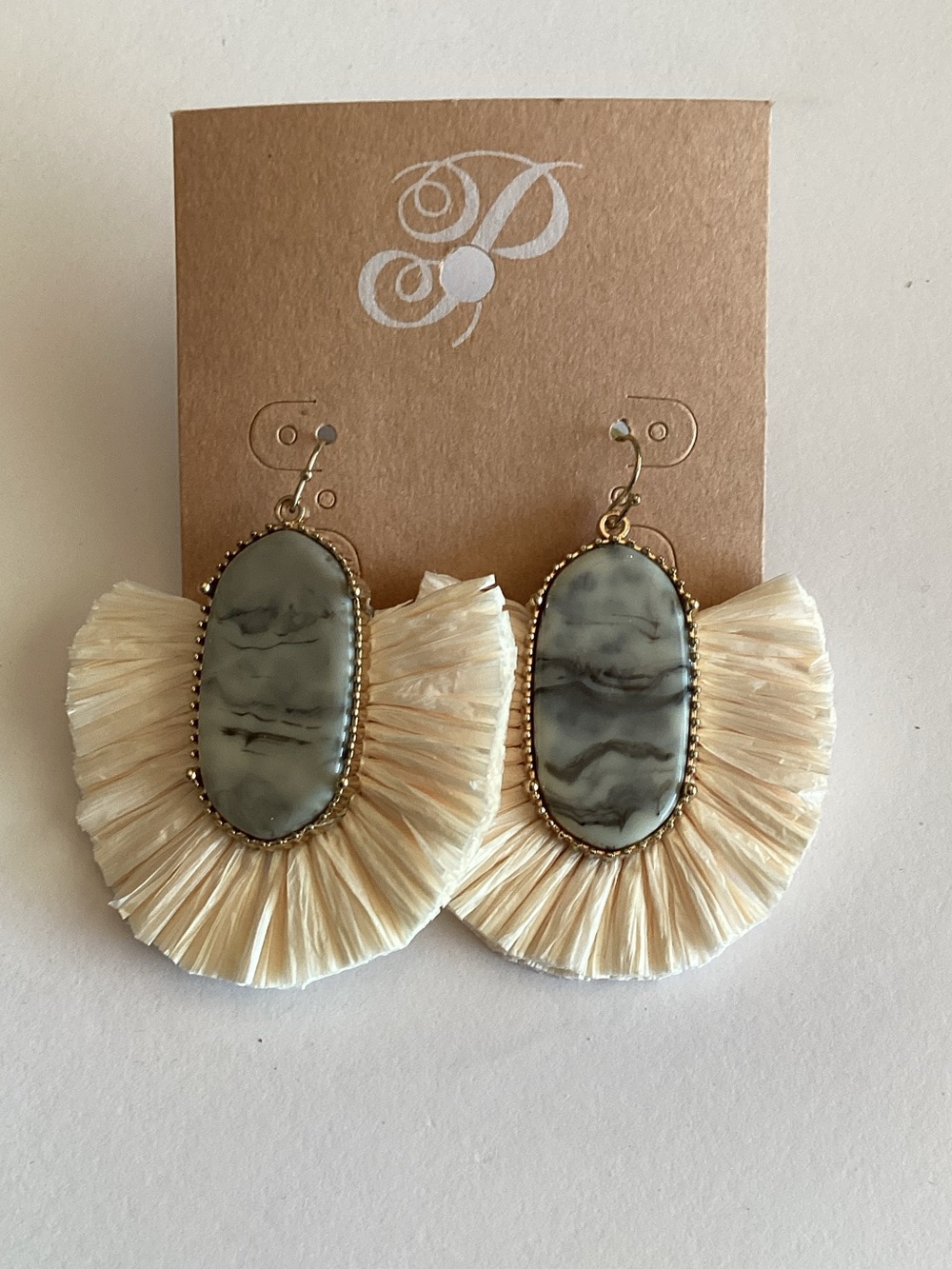 Plunder Cream Raffia Fan Earrings with Marbled Gray Stone